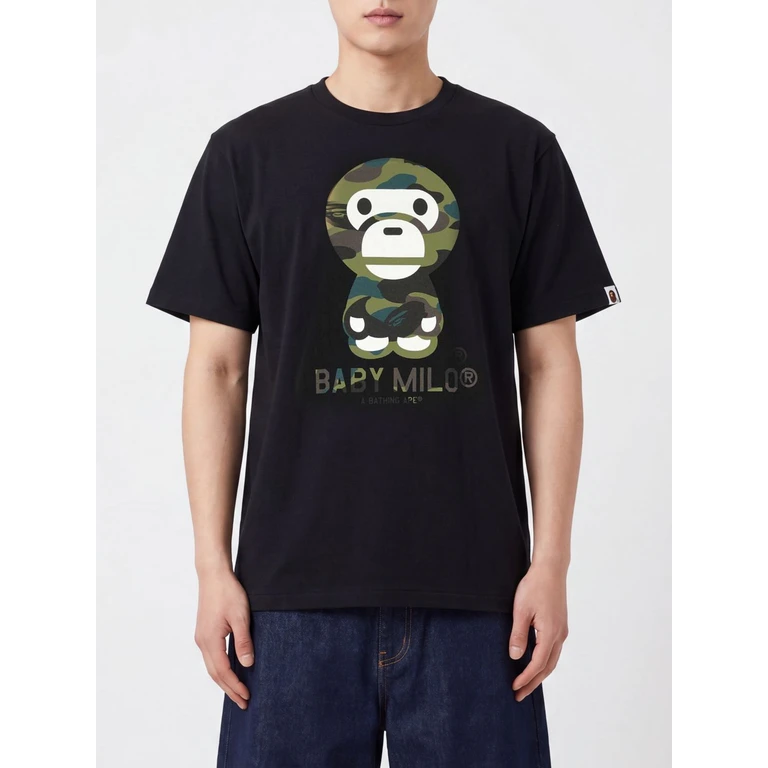Cotton T-Shirt with Front Graphic Logo Print (002TEM301006MBLACKXGREEN)