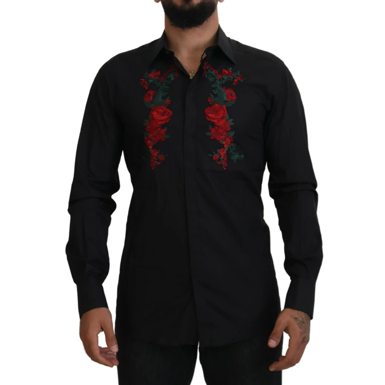 Dolce & Gabbana Black Floral Embroidery Men Long Sleeves Gold Shirt Cotton - Men