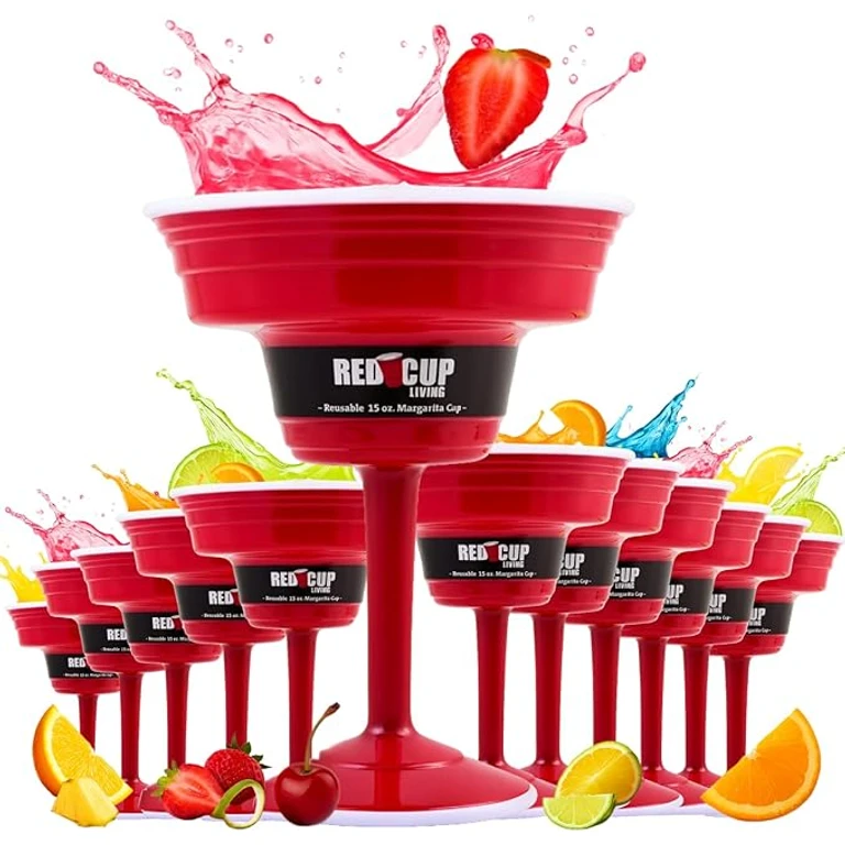 Reusable Red Plastic Margarita Glasses with Stem, 15 Oz, Unique Heavy-Duty Drinking Glasses for Parties, Durable Champagne Flutes, Sturdy Stem Glass, Elegantes Copas De Vino, Pack of 12