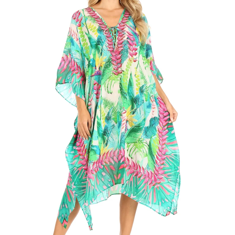 Sakkas Kristy Long Tall Lightweight Caftan Dress / Cover Up With V-Neck Jewels