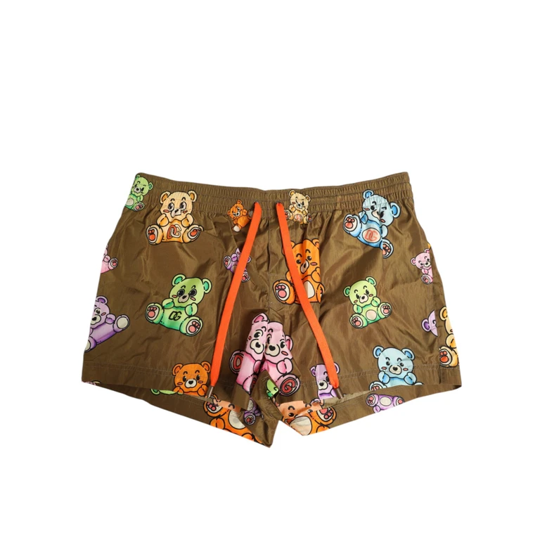 Dolce & Gabbana Brown Multicolor Teddy Bear Men Shorts Swimwear Polyester - Men