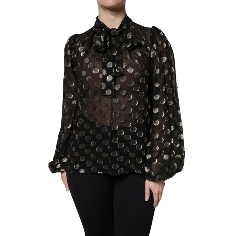 Black Sheer Tied Neck Polka Dots Blouse Top Gold Silk Metallized Fiber - Women