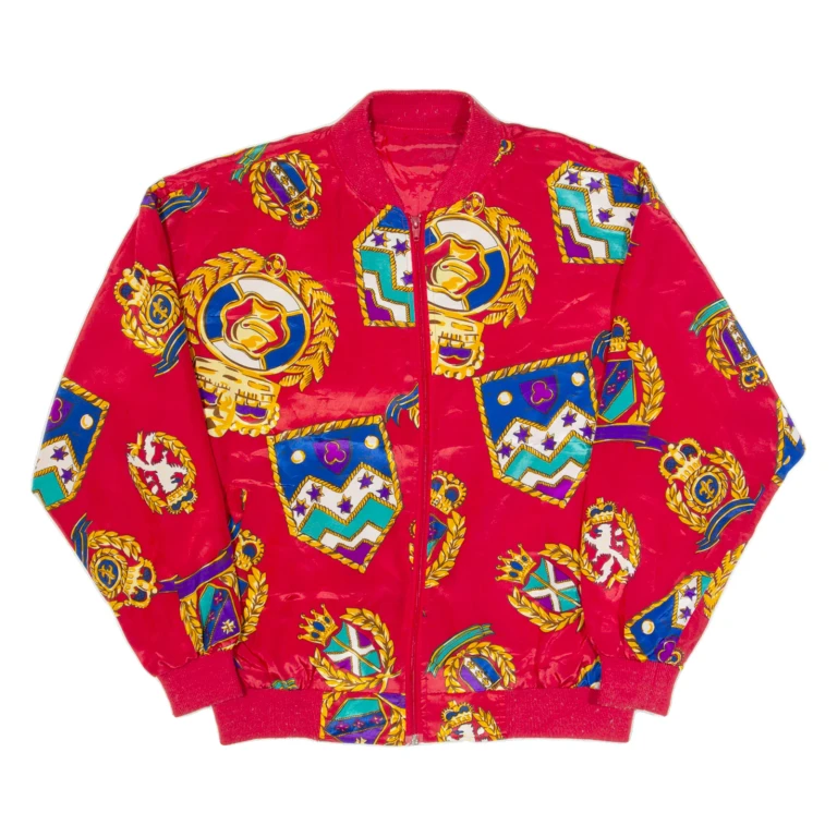 Mens Bomber Jacket Red 90s Crazy Pattern L