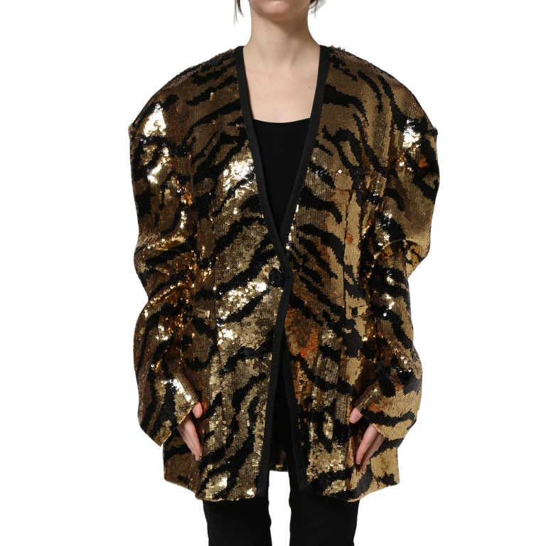 Dolce & Gabbana Black Gold Sequin Tiger Stripe Blazer Jacket Polyester Silk Elastodiene Clothing - Women