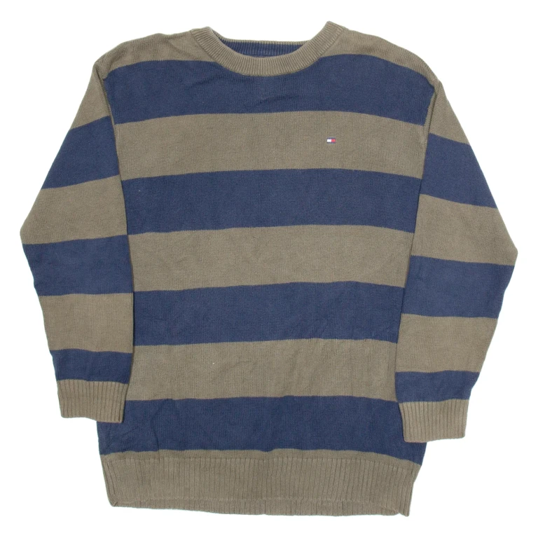 TOMMY HILFIGER Mens Patterned Jumper Blue Striped Tight Knit XL