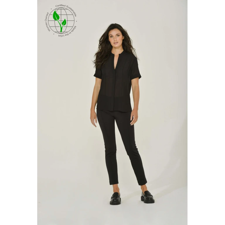 Black French Chiffon Split-Neck Short Sleeve Top