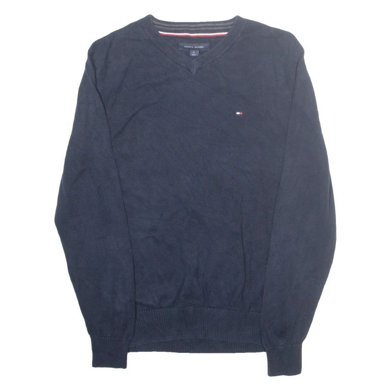 TOMMY HILFIGER Mens Jumper Blue V-Neck Tight Knit M