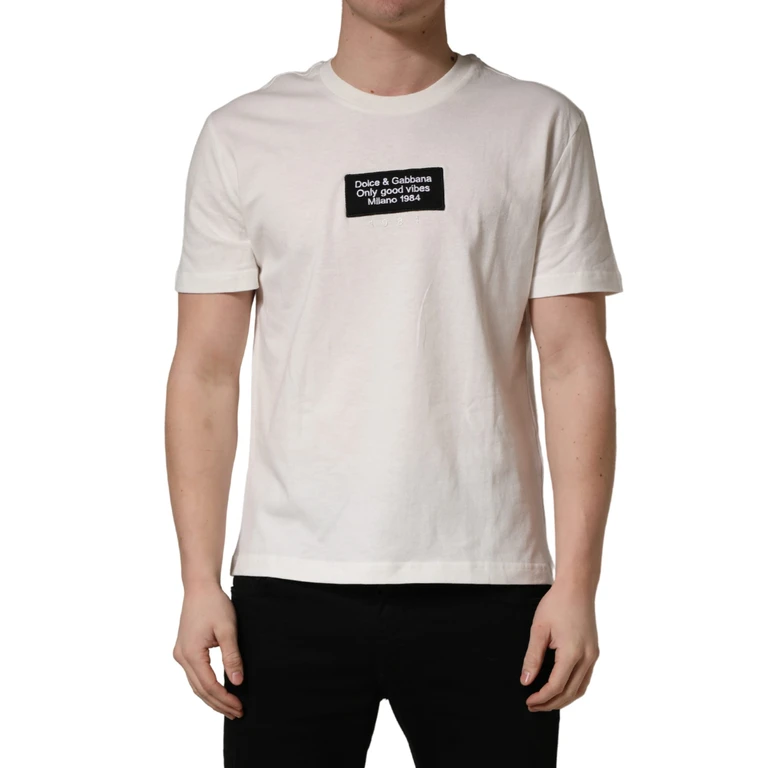 White Logo Patch Cotton Men Crew Neck T-Shirt Elastane Nylon - Men