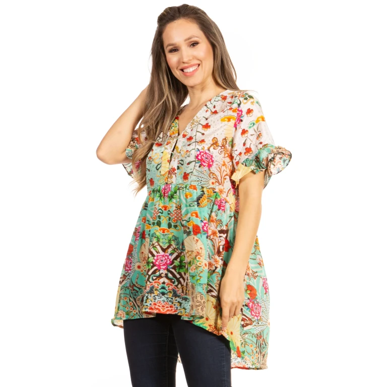 Get Summer Ready with Sakkas Eli Women's Floral Ruffle Top Blouse Tunic