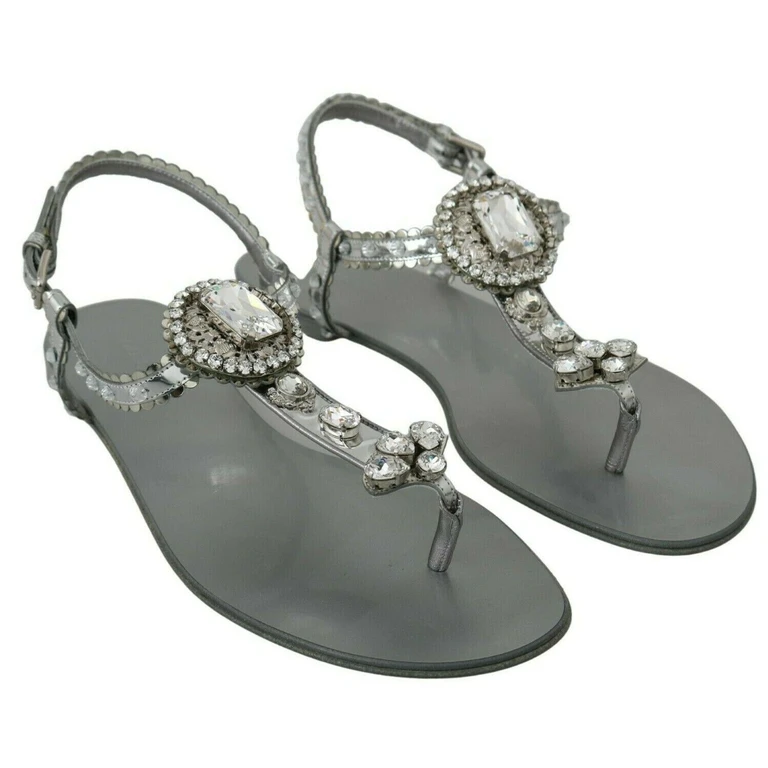 Dolce & Gabbana Silver Crystal Sandals Flip Flops Shoes Lambskin - Women