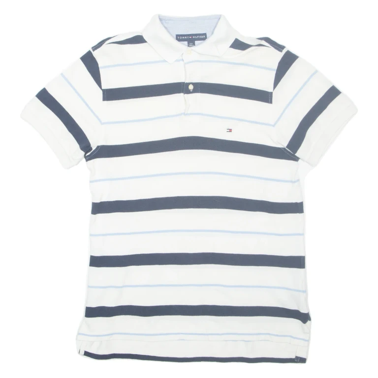 TOMMY HILFIGER Mens Polo Shirt White Striped S