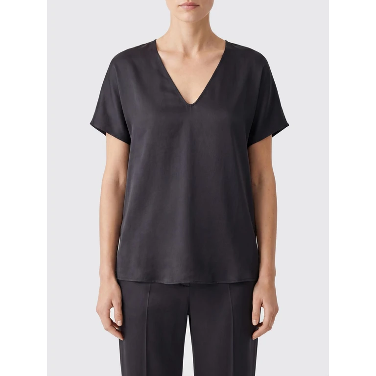 V-Neck Pure Silk Blouse with Short Sleeves and a Straight Cut (116295P6219ASF)