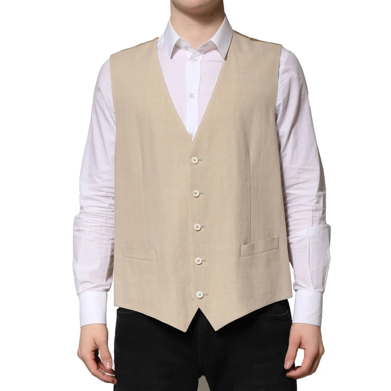 Dolce & Gabbana Beige Linen Dress Formal Men Waistcoat Vest Viscose - Men