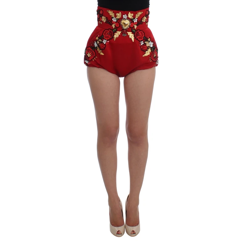 Dolce & Gabbana Red Silk Crystal Roses Shorts Cotton - Women