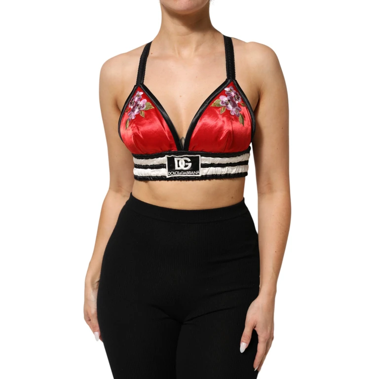 Red Satin Floral Embroidered Bralette Crop Top Black And Polyester - Women