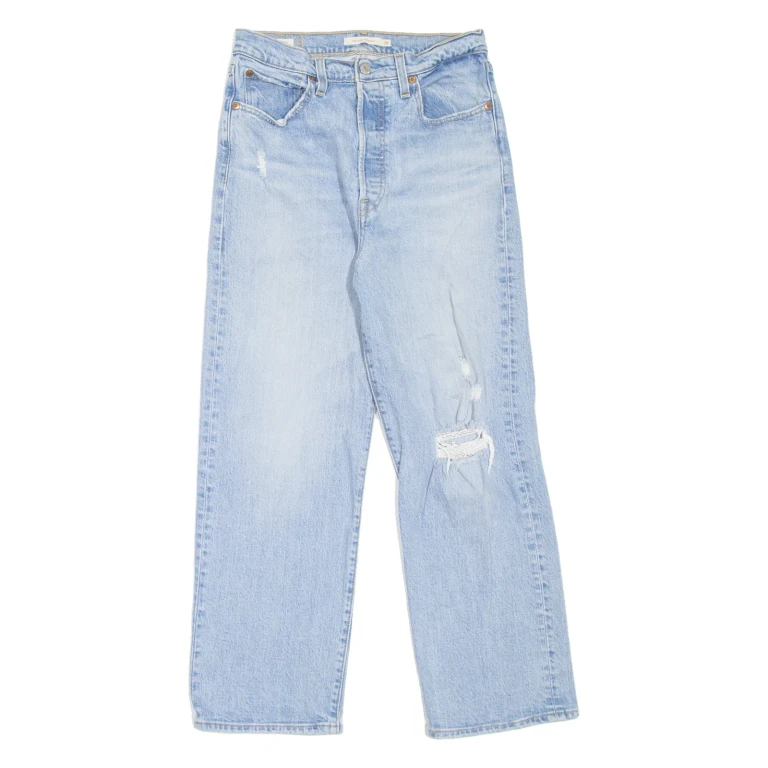 LEVI'S Rib Cage BIG E Distressed Womens Jeans Blue Straight Stone Wash W28 L27
