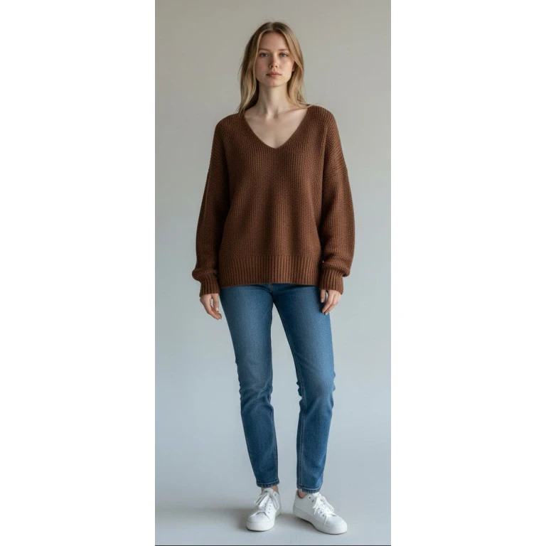 [7wp5056-249] Womens Lucky Brand Spring Weight V Neck Pullover - Chicory Coffee