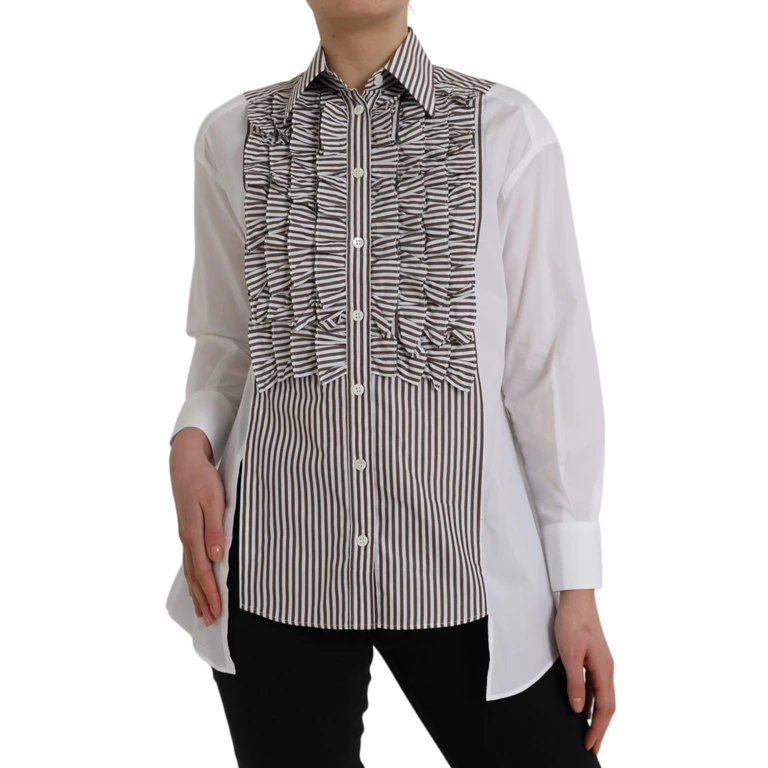 White Stripes Cotton Long Sleeves Ruffle Collar Top - Women