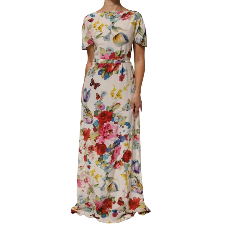 White Floral Print Silk Sheath Longgown Dress 11+se - Women