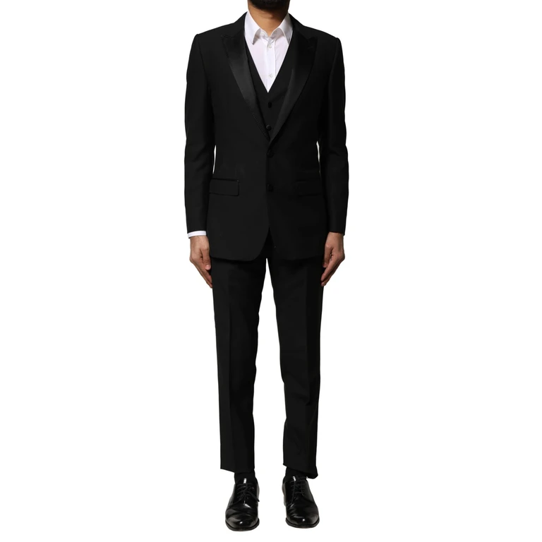 Black Wool 3 Piece Single Breasted Suit Virgin Silk Polyester - Men