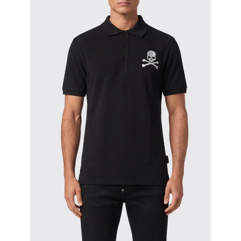 Skull Print Short-Sleeved Cotton Polo Shirt with French Collar (UADCMTK7983PTE003N02)