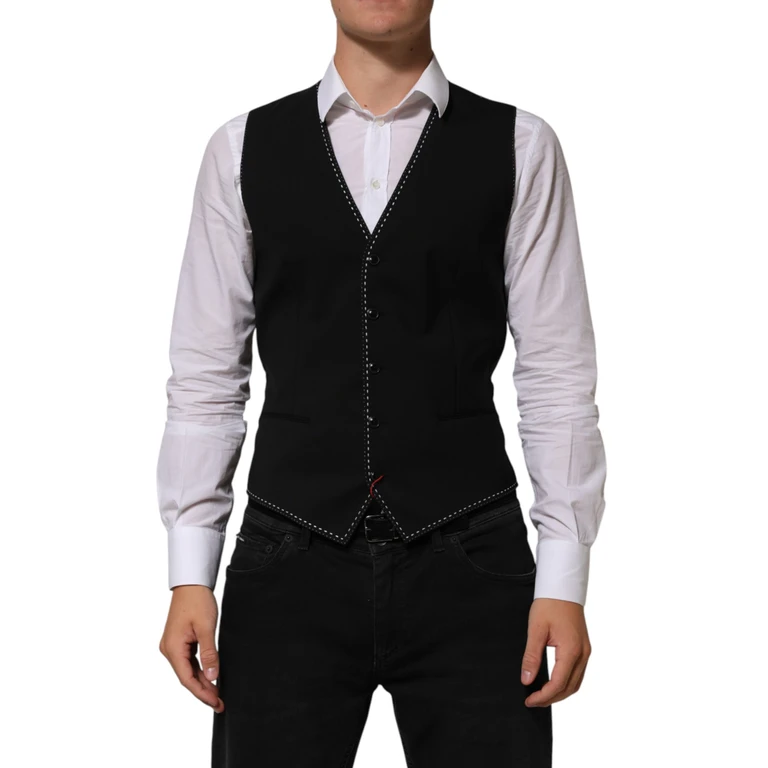 Dolce & Gabbana Black Wool Dress Formal Men Waistcoat Vest 03+wv - Men