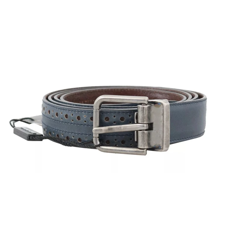Dolce & Gabbana Blue Perforated Leather Gray Buckle Belt - Men