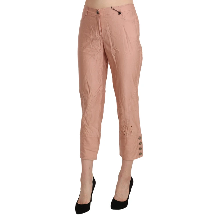 Cotton Pink High Waist Cropped Trouser Pants - Women