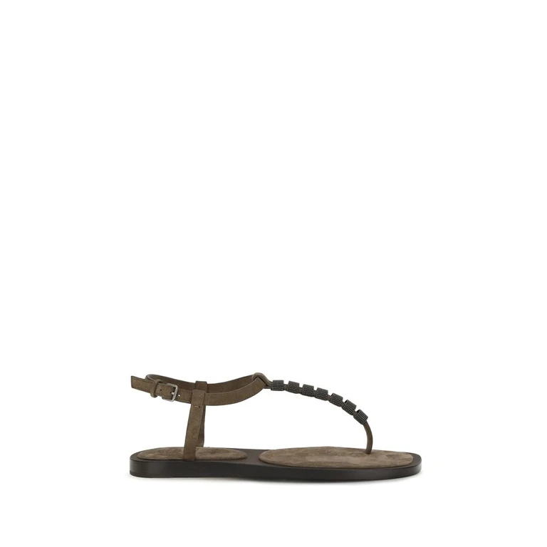 Brunello Cucinelli Brown Calf Leather Bos Taurus Flat Sandals - Women