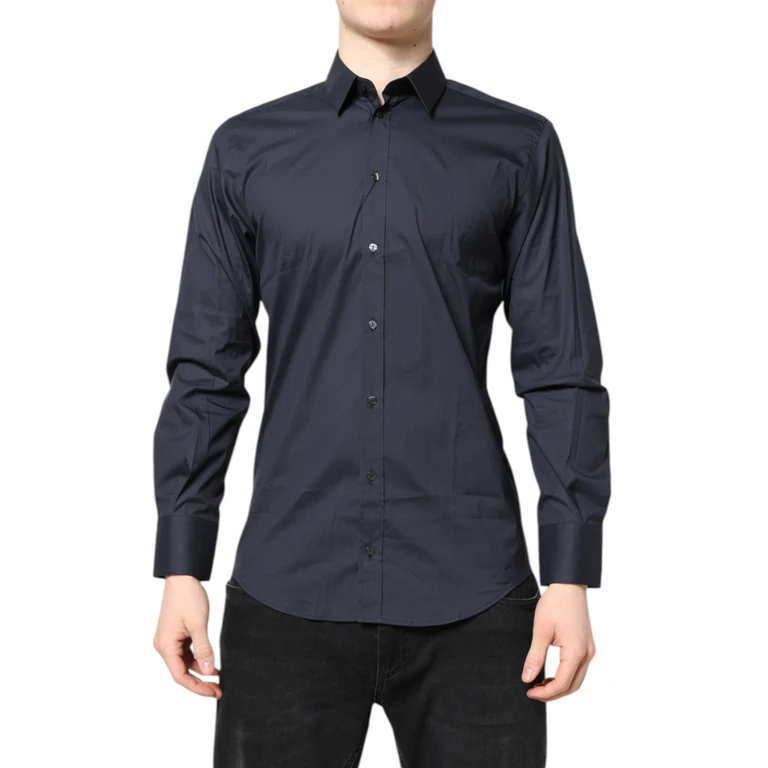 Dolce & Gabbana Dark Blue Martini Cotton Dress Formal Shirt Nylon Elastane - Men