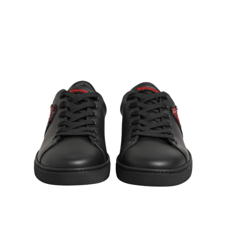 Black Leather Crystal Heart Low Top Sneakers Shoes Calf - Women
