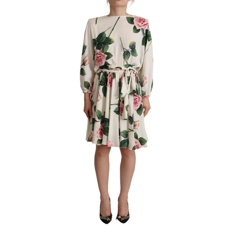 Dolce & Gabbana White Rose Print Long Sleeves A-Line Dress Silk Elastane - Women
