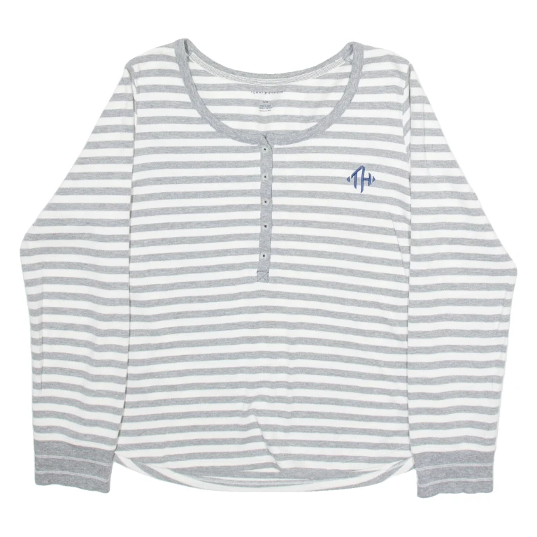TOMMY HILFIGER Womens Patterned Jumper Grey Striped Button Neck Tight Knit L
