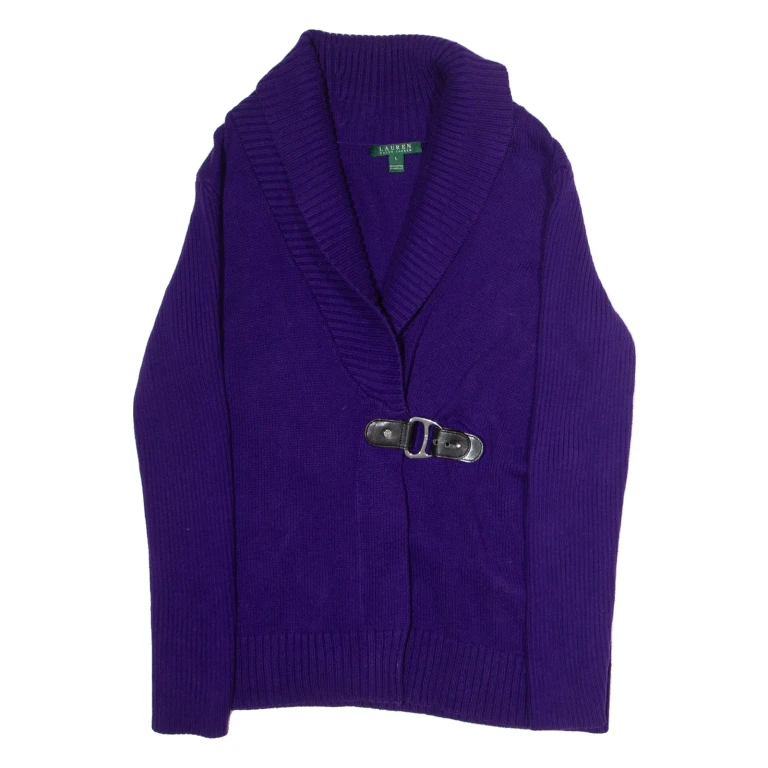 LAUREN RALPH LAUREN Shawl Collar Womens Cardigan Purple Roll Neck Tight Knit L