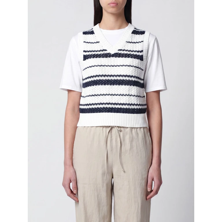 Striped Cotton Knit Vest with V-Neck and Regular Shoulders (UDSW6B130N2)