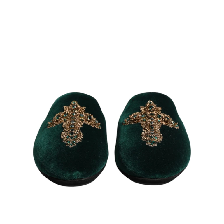 Dolce & Gabbana Green Velvet Cross Embellished Slippers Shoes - Men