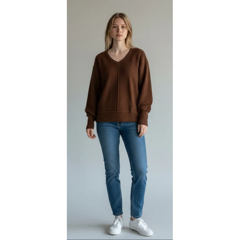 [163381-249] Womens Lucky Brand L/s Solid Textured V Nk (5gg) - Chicory Coffee