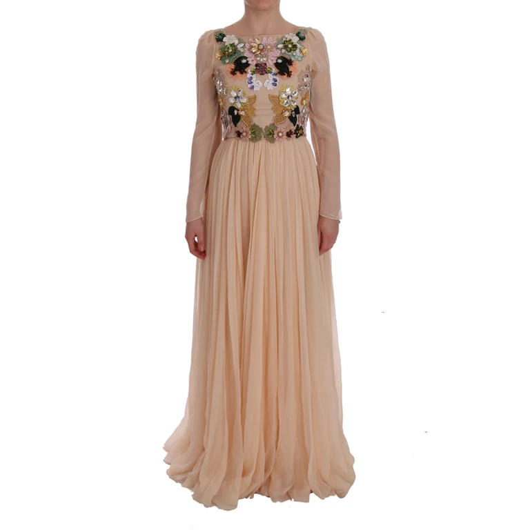 Dolce & Gabbana Pink Silk Floral Crystal Maxi Gown Dress - Women