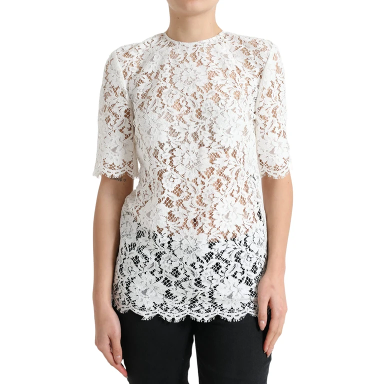 Dolce & Gabbana White Floral Lace Cotton Round Neck Blouse Top Viscose Nylon - Women