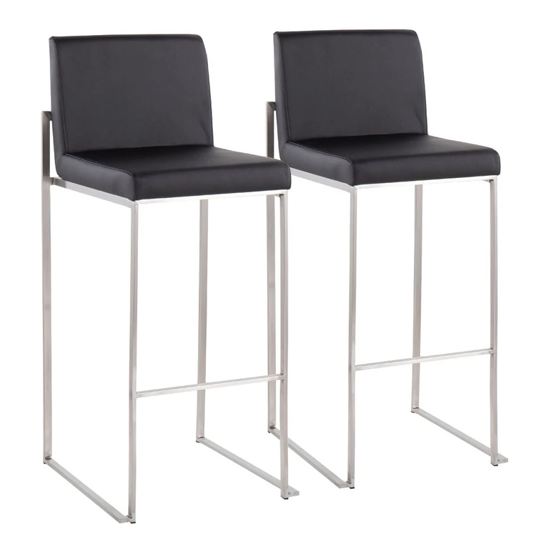 Fuji High Back Stainless & Black Faux Leather Barstools, Set of 2