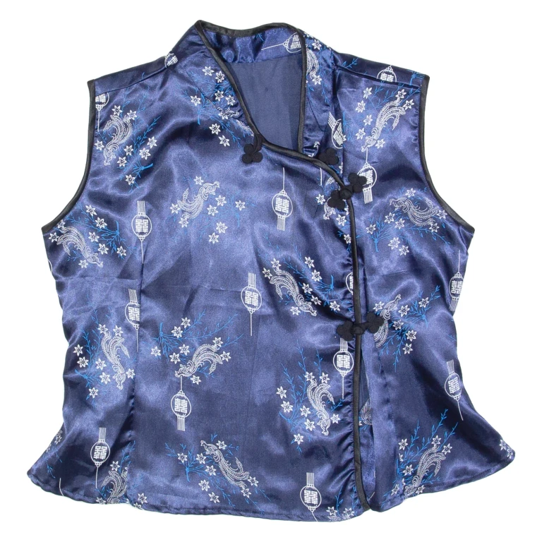 Oriental Inspired Womens Printed Blouse Blue Collared Sleeveless Floral M