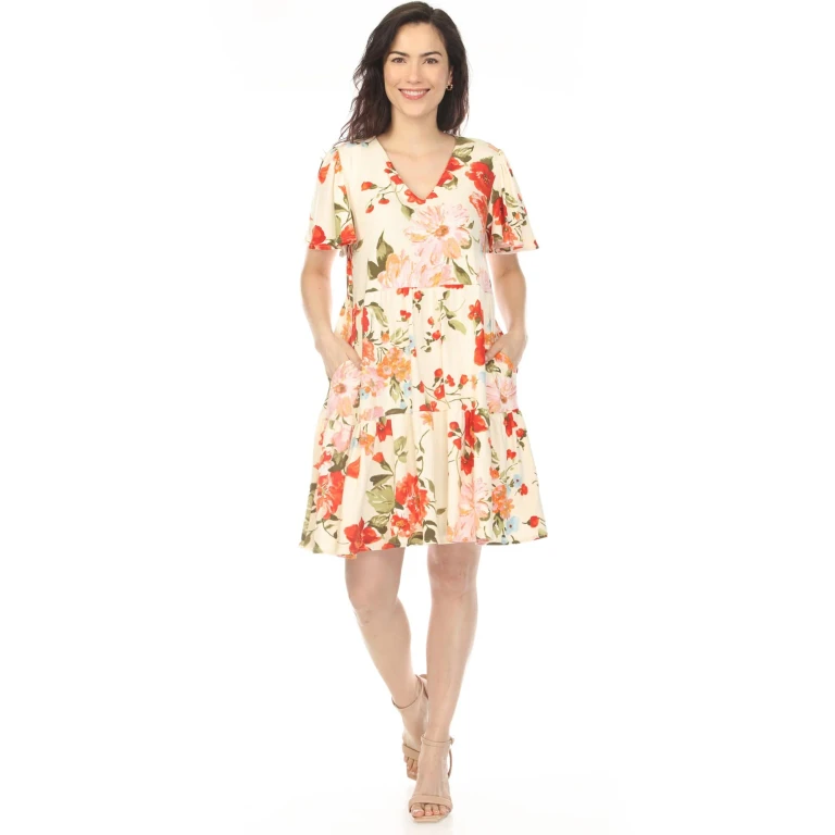 Women's V-Neck Tropical Flower Short Sleeve Dress