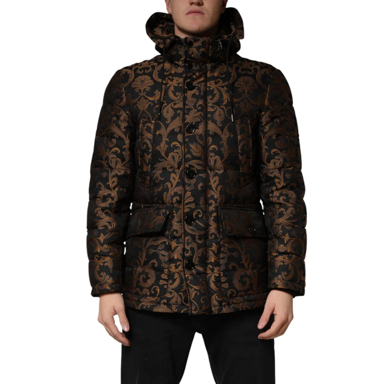Dolce & Gabbana Black Floral Jacquard Quilted Hooded Jacket Polyester Clothing - Men