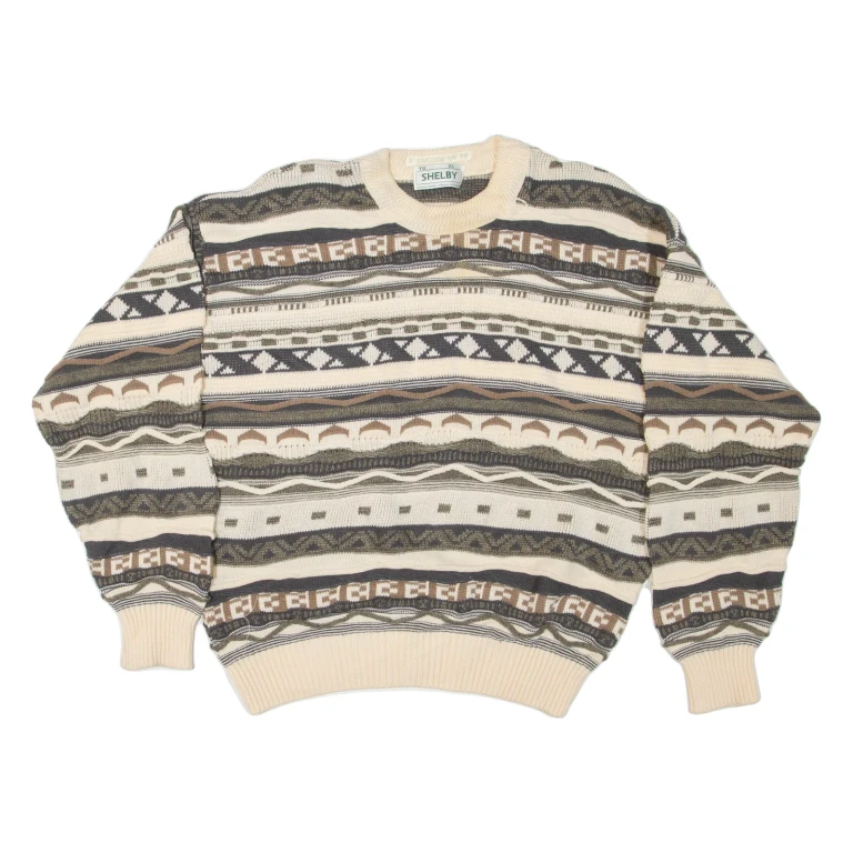 SHELBY Mens Patterned Jumper Cream Striped Tight Knit XL