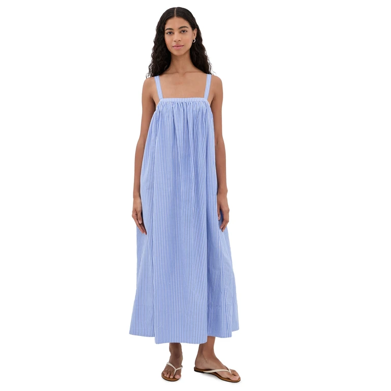 Faherty Coastal Poplin Emmy Dress Deepwater Stripe XS