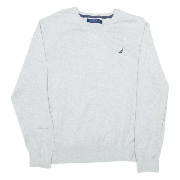 NAUTICA Mens Jumper Grey V-Neck Tight Knit L