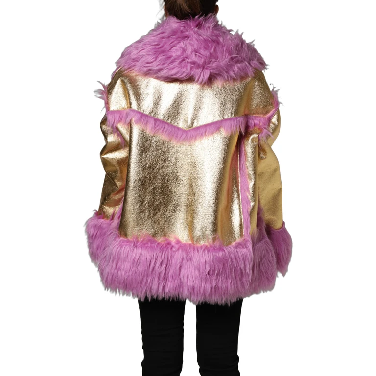 Pink Plush Faux Fur Gold Leather Coat Jacket Modacrylic Acrylic Polyester Clothing - Women