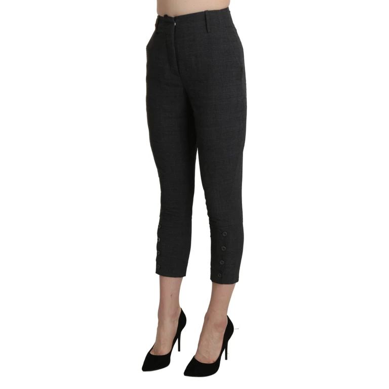 Gray High Waist Capri Cropped Cotton Pants Black - Women