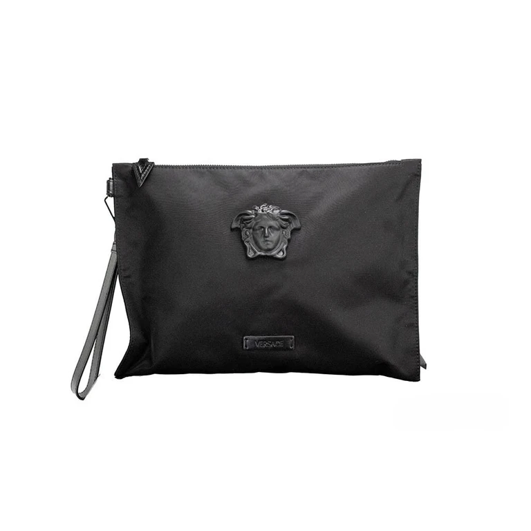 Versace Large Black Nylon Fabric Medusa Convertible Pouch Clutch Wristlet Bag Silver - Women