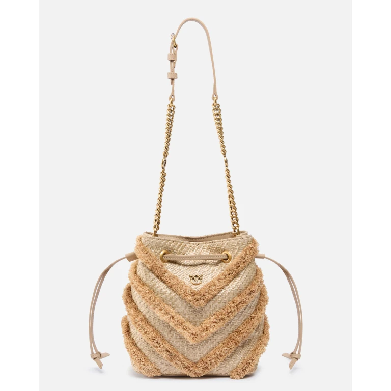 Pinko - Petit sac seau à bandoulière en raphia à franges